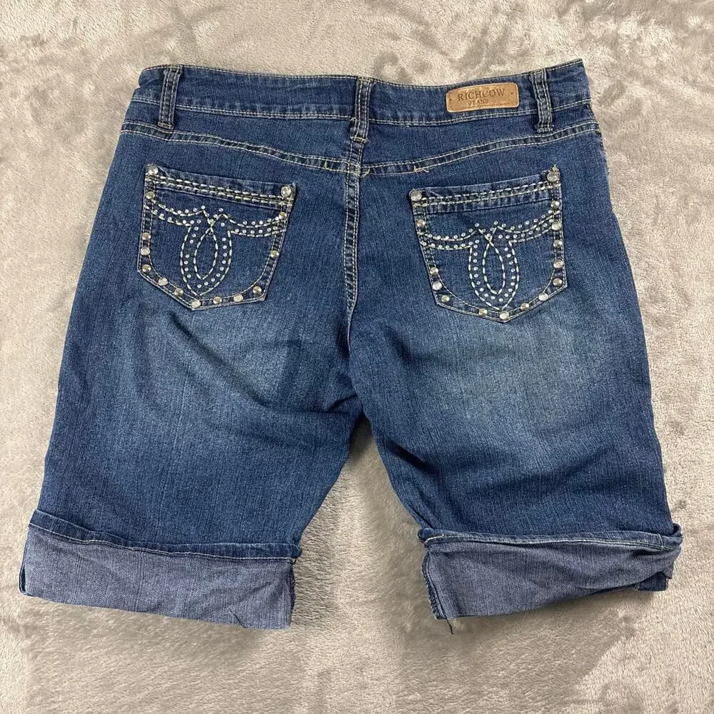 Richcow Jeans Studded Bermuda Denim Shorts Women’s 13 Blue Y2K Cuffed